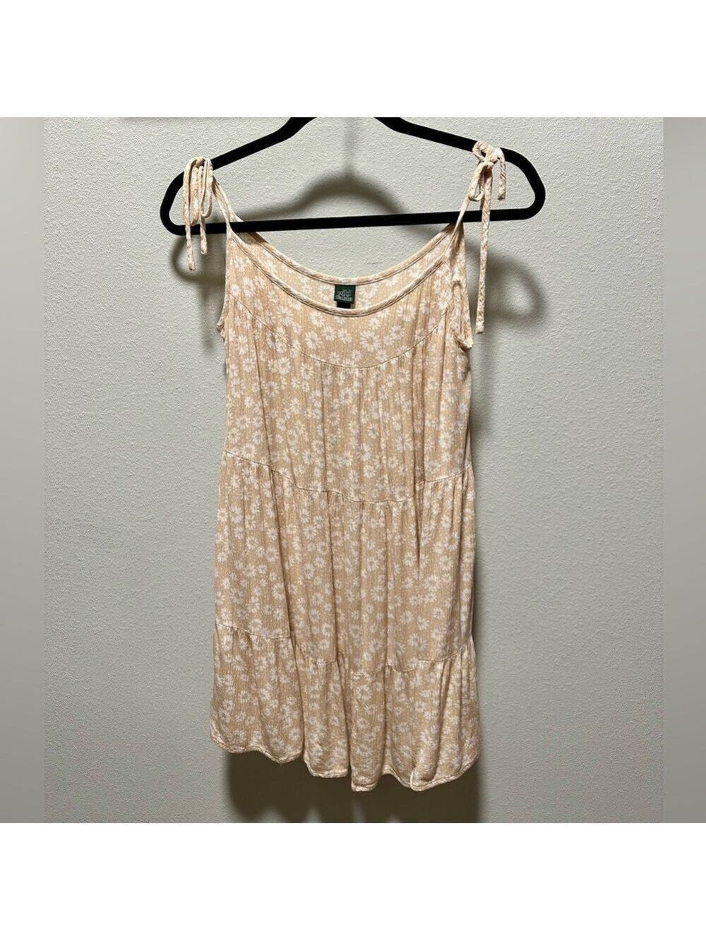 Wild Fable Boho, Tiered, Floral Print XS Mini Sun Dress Tan with White Flowers